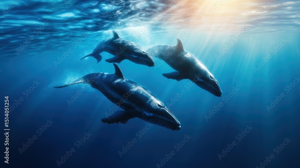 Three majestic whales gracefully swim underwater, illuminated by soft sunlight, representing freedom, nature's power, and the beauty of marine life in a serene ocean setting. Three majestic whales gracefully swim underwater, illuminated by soft sunlight, representing freedom, nature's power, and the beauty of marine life in a serene ocean setting.