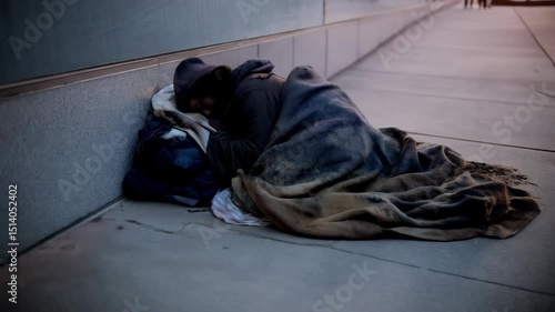 Young adult sleeping on concrete sidewalk in urban environment with winter sunrise light, wrapped in a blanket for warmth and safety.