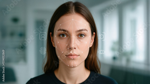 Facial recognition technology identifies a young woman for personal access, with biometric data points and icons