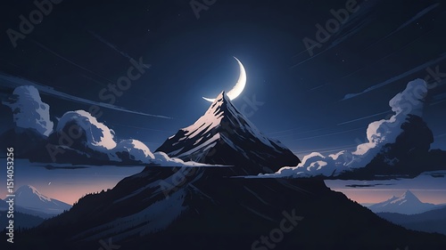 The crescent moon shines brightly over the majestic snow capped mountain peak at night