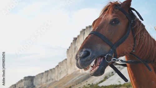 Canvastavla Brown horse neighing near White Rock in Belogorsk, Crimea
