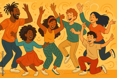 Diverse group dancing, celebrating rhythm and unity. Joyful multicultural people in motion. Fun community party illustration. Happy friends enjoying music, vibrant energy, togetherness.