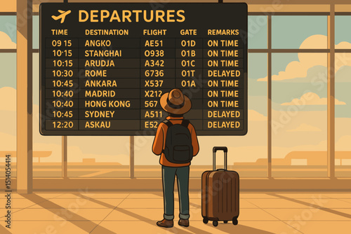 Traveler with backpack and suitcase checking flight information on airport departure board. Man waiting for delayed flight, journey, vacation, tourism concept. Vector illustration.