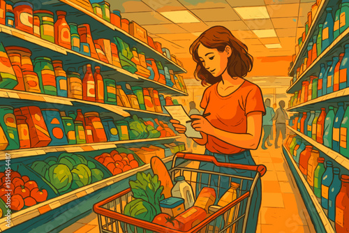 Woman in supermarket aisle shopping with full grocery cart and list. Female consumer buying food, produce. Retail store, healthy eating, meal planning, daily routine, commerce vector illustration.