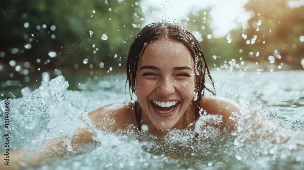 An exhilarating photo capturing a young woman splashing water while swimming, radiating pure joy and freedom, exuding positive energy and a love for life and adventure. An exhilarating photo capturing a young woman splashing water while swimming, radiating pure joy and freedom, exuding positive energy and a love for life and adventure.