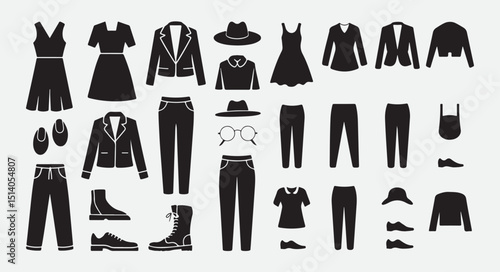 Large collection of black and white clothing and accessories silhouettes in simple style