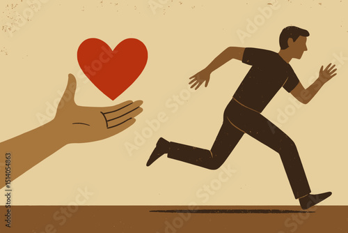 Avoidant attachment style. Man running from love, heart offered by hand. Fear of intimacy, commitment phobia. Emotional unavailability, relationship issues. Psychology, mental health concept vector.
