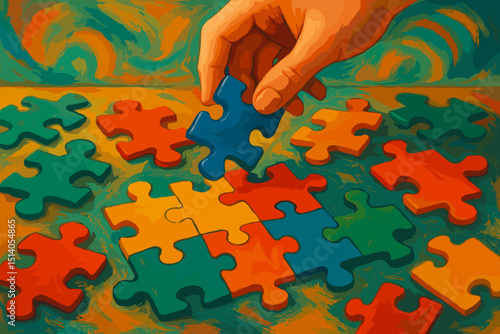 Puzzle solution. Hand fitting jigsaw piece. Problem-solving strategy. Teamwork connection. Business success concept. Missing link found. Colorful artistic illustration. Assembling order.