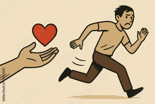 Avoidant attachment symbolism. Man running from offered love. Fear of intimacy. Relationship anxiety. Commitment phobia. Emotional unavailability. Psychology. Insecure attachment. Love rejection.