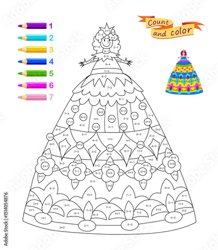 Mathematical education for children. Coloring book. Math exercises on addition and subtraction. Solve examples and paint the princess. Printable worksheet for kids. Flat hand drawn vector illustration
