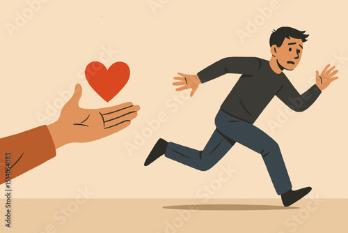 Avoidant attachment symbolism: Man running from love, illustrating fear of intimacy, relationship anxiety, commitment phobia, emotional unavailability. Psychology mental health concept vector.