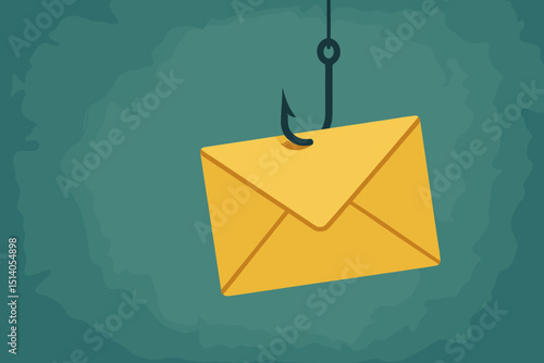 Phishing email lure concept. Envelope on a fish hook symbolizing cyber attack, internet scam, and data theft. Online security threat, fraud and deception vector illustration.