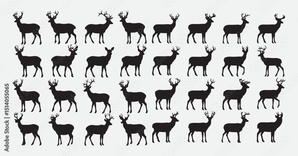 Obraz premium Black silhouette illustrations of different deer stances arranged in a minimal grid format