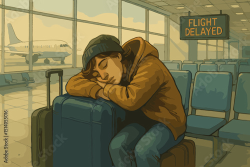 Flight delay. Airport travel. Tired traveler sleeping on luggage. Exhausted passenger waiting. Travel disruption. Journey interruption. Airport terminal. Transportation. Fatigue. Vacation problem.