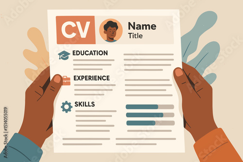 CV resume design. Creative curriculum vitae. Job seeker hands holding professional application document. Education, experience, skills sections. Modern hiring process. Recruitment. Career search.