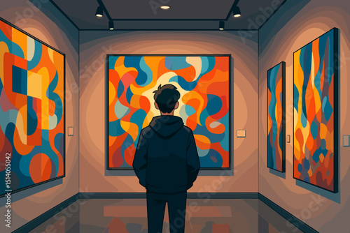 Modern Art Gallery Visitor Contemplating Colorful Abstract Paintings. Contemporary Exhibit. Person Admiring Artwork. Cultural Experience. Creative Expression. Museum Visit.