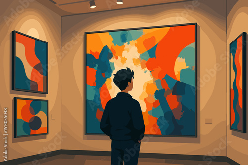 Modern Art Gallery Visitor, Abstract Expressionism, Geometric Artwork. Orange, Blue, and Yellow Hues. Contemporary Exhibition. Museum Patron. Fine Art Appreciation.