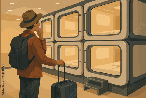 Traveler contemplating choice in modern capsule hotel. Man with backpack and suitcase considering minimalist pod accommodation. Budget travel, Japanese style futuristic lodging concept illustration.