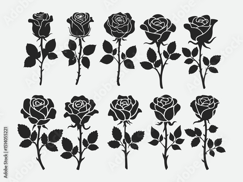 Black and white rose illustrations featuring petals stems and leaves in simple minimal design