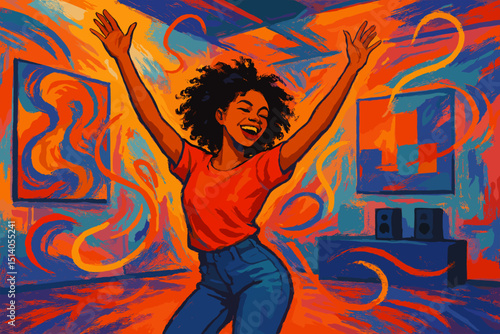 Joyful Black woman, afro hair, energetic dance celebration. Happy girl dancing, music party freedom. Vibrant colorful painterly illustration. Positive expression, modern art style.
