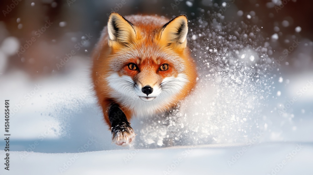 Obraz premium An agile red fox dashes through the snow, gracefully showcasing its vibrant fur and keen eyes, embodying the beauty and wildness of nature in a serene winter landscape.