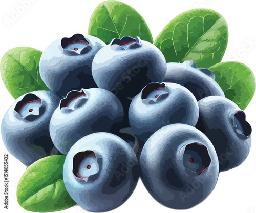 Freshly harvested blueberries with green leaves illustration for healthy food concepts
