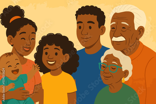 Happy multi-generational Black family portrait illustration. Grandparents, parents, children, and baby united in love, symbolizing strong family bonds, heritage, and joyful togetherness.