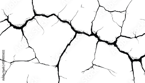 Vector silhouette of a cracked or broken ground surface. Abstract fissure texture in black on white, ideal for destruction effects, damaged surfaces, or grunge design elements.
