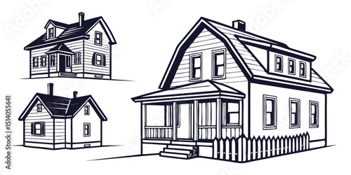 Clean House Icon, Block Home Design, Welcome House Art, House with Bushes, Cottage Drawing, House with Heart Symbol