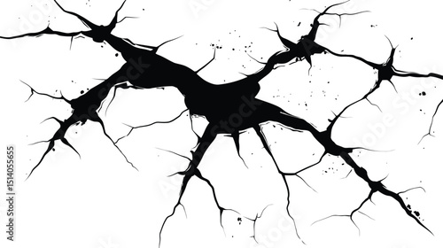 Vector silhouette of a cracked or broken ground surface. Abstract fissure texture in black on white, ideal for destruction effects, damaged surfaces, or grunge design elements.