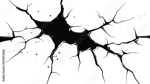 Vector silhouette of a cracked or broken ground surface. Abstract fissure texture in black on white, ideal for destruction effects, damaged surfaces, or grunge design elements.