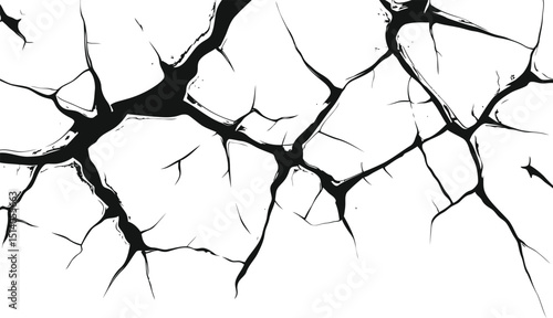 Vector silhouette of a cracked or broken ground surface. Abstract fissure texture in black on white, ideal for destruction effects, damaged surfaces, or grunge design elements.