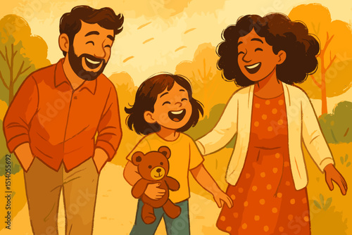 Happy diverse family strolling in autumn park. Joyful mother, father, and daughter with teddy bear. Quality time together outdoors. Parenthood, childhood, love. Family bond. Illustration.