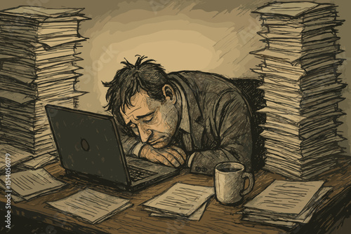 Burnout concept illustration. Exhausted manager asleep at cluttered office desk with laptop and stacks of paper. Overworked businessman, stress, fatigue, deadline pressure. Mental health.