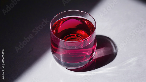 Wallpaper Mural Glass of vibrant red liquid sits on a textured surface, illuminated by dramatic lighting, casting a soft shadow, creating an artistic and visually striking composition Torontodigital.ca