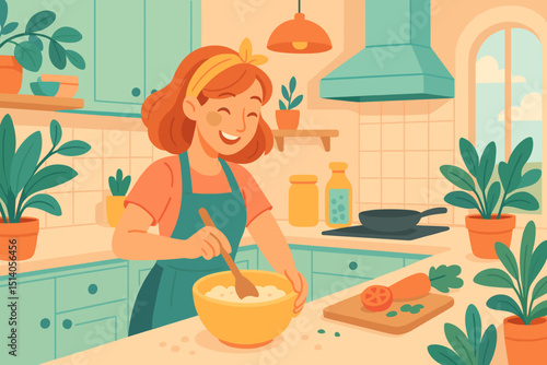 Joyful woman cooking in bright kitchen. Happy female character preparing healthy food, mixing ingredients in bowl. Home culinary activity, domestic lifestyle illustration. Vector graphic for recipes.