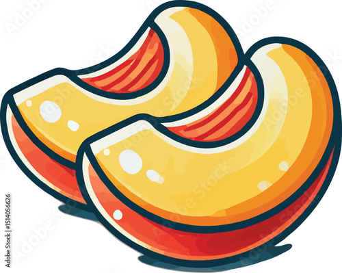 Vibrant cartoon illustration of two freshly cut peach slices on a white background
