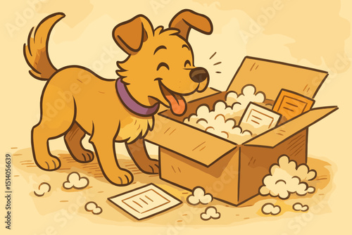 Dog unboxing excitement. Happy cartoon puppy exploring delivery box. Curious pet, surprise package, packing material, contents. Online shopping, new arrival, playful animal. Vector art.