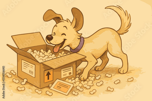 Happy cartoon dog excitedly exploring an open cardboard box. Curious puppy with wagging tail discovering a new delivery package filled with packing peanuts. Vintage sketch style illustration.