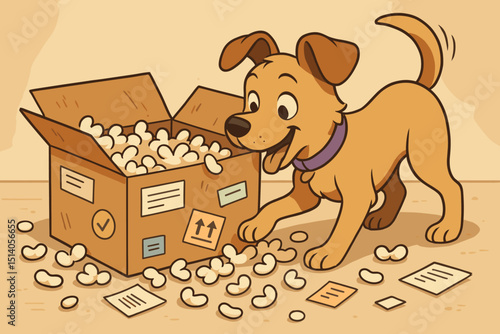 Curious dog playing with cardboard box full of packing peanuts. Happy puppy unboxing package. Pet excitement, delivery day fun. Cute canine exploring shipping materials. Cartoon vector illustration.