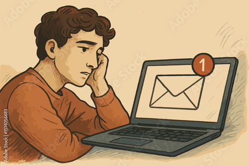 Anxious young man watching laptop screen with one unread email notification. Concept of modern communication stress, information overload, office pressure, and digital burnout. Vector illustration.