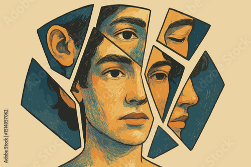 Faces of Identity. Fragmented self concept. Shattered portrait illustration. Psychology, mental health. Young person's inner conflict, self-perception. Broken personality. Multiple perspectives.