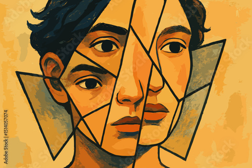 Faces of identity, fragmented portrait. Abstract psychology concept of self-perception, mental health, split personality, inner conflict. Shattered mind, dual self illustration.