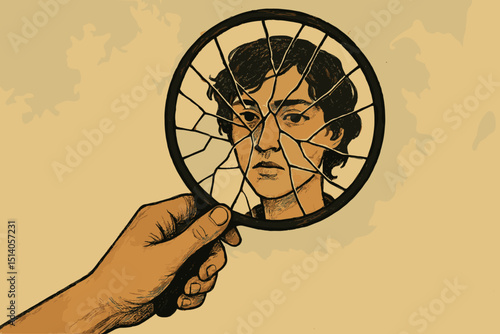 Shattered mirror reflection. Fragmented face portrait. Broken self-image concept. Identity crisis. Mental health struggles. Psychological trauma. Distorted self-perception. Hand holding mirror.