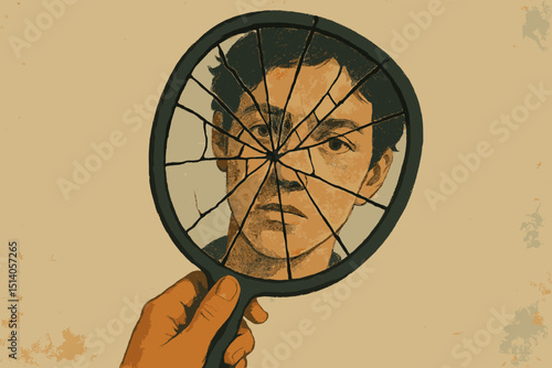 Shattered mirror reflection of man's face. Psychology concept: mental health, identity crisis, inner turmoil, fragmented self, despair, broken self-image, self-perception. Vintage illustration.