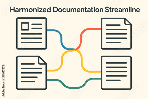 Harmonized Documents Streamline with Colorful Network Connection, Data Flow, Information Exchange, Abstract Concept, Teamwork, Workflow, and Business Process Management