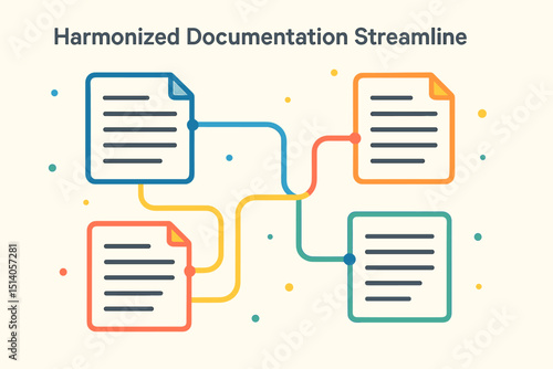 Colorful document network illustrating harmonized documentation streamline. Conceptual graphic for efficient workflow, data management, information organization, and business process optimization.