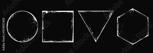 Set of grunge geometric frames in circle, square, triangle, and hexagon shapes. Distressed textured borders on black background. Ideal for vintage, retro, or edgy design projects.