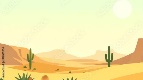 Cartoon Desert Landscape with Cactus and Sun