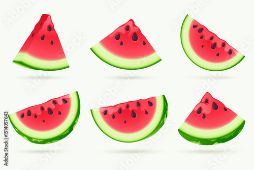 Set of colorful watermelon slices in 3d style. Fresh, juicy red fruit pieces with green rind and seeds, isolated on white background. Ideal for summer, food, or health themes. Vector illustration.